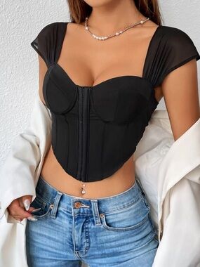 Black Bustier Top with Sheer Cap Sleeves XS- never worn!